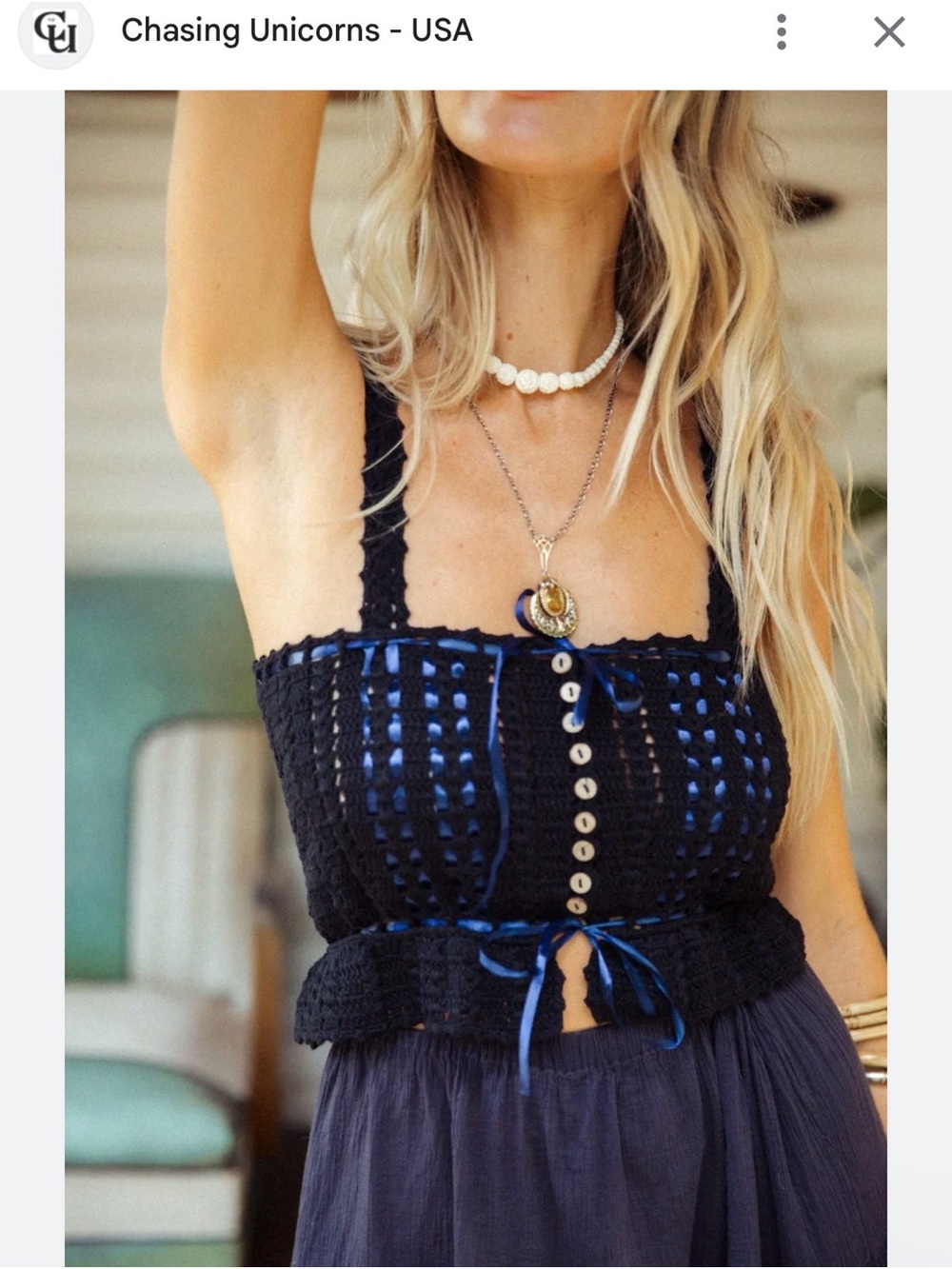 Chasing Unicorns Cream Crochet Top with Mint Ribbon in black and white L  run Sm